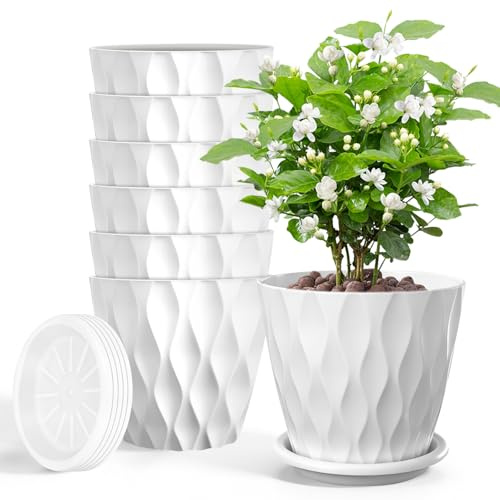 Freyeeti 6er Blumentopf, Set Dick Kunststoff Pflanztöpfe, 12cm (Weiß) | Pflanzentopf mit Praktischen Ablauflöchern und Untersetzer, Blumentöpfe Set für Innen und Balkongärten