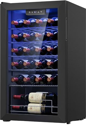Icyglee 25 Bottle Compressor Wine Cooler Refrigerator, Freestanding Wine Cellar with 41-64°F Adjust Temp & Double-layer Glass Door for Red and White, Wine Cooler for Home Bar, Black