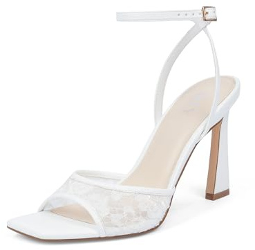 QIY White Mesh Heels for Women Strappy Heels Stilettos 3 Inch Heel Square Open Toe Heel White Sandal Lace Wedding Dress Shoes Heeled Sandals Size 9