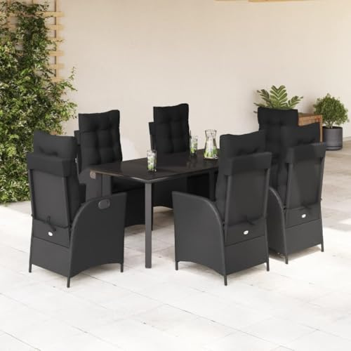 Tonture 7-TLG. Garten-Essgruppe Schwarz Poly Rattan, verstellbare Relaxsessel, Glastisch, Kissen, für Terrasse, Balkon, Außenbereich, 110 kg Traglast