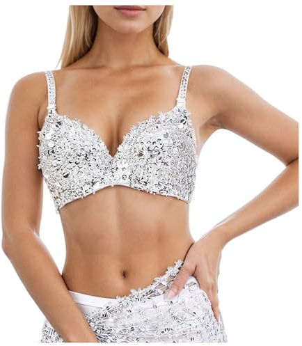 Nlaayong Damen Pailletten BH Push Up Bustier Glitzer Cop Tops Bauchtanz Oberteile Musik Festival Party Tops Nachtclub Tanzkostüm