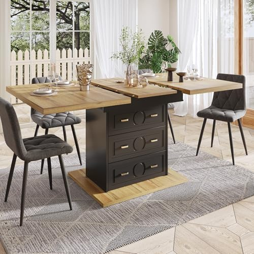 Gxffipw Esstisch Ausziehbar Küchentisch mit 2 Schubladen und Türen für 4-6 Personen, Esszimmertische mit Stauraum, Esszimmertisch Ausziehbar Esszimmermöbel, Holzfarbe+Schwarz, 110-140x80x75 cm