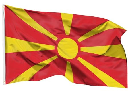 PHENO FLAGS Drapeau de la Macédoine du Nord 90 x 150 cm – Drapeau national résistant aux intempéries en polyester avec double couture et œillets métalliques