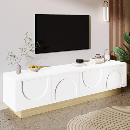 MURUL Mobile TV bianco moderno con venature del legno, 175 x 40 x 41,5 cm, design minimalista curvo, spazio sufficiente e gestione dei cavi
