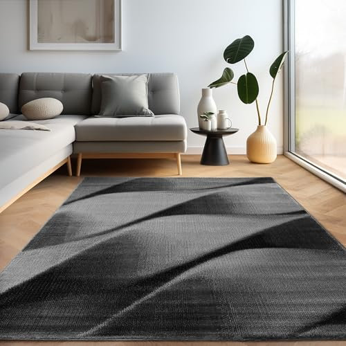 Teppich Wohnzimmer Schlafzimmer Modern Kurzflor Abstrakt Wellen Design Robust Weich, Farbe: Schwarz, Größe: 160 x 230 cm