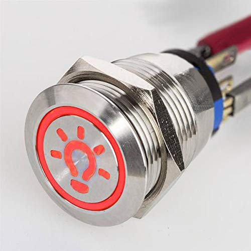 Flacher LED 230 V - Druckschalter - mit Licht Symbol - Durchmesser Ø 19 mm - aus V2A Edelstahl - staub- und wasserdicht nach IP67 Schutzstandard AC/DC - witterungsbeständig und langlebig - Rot