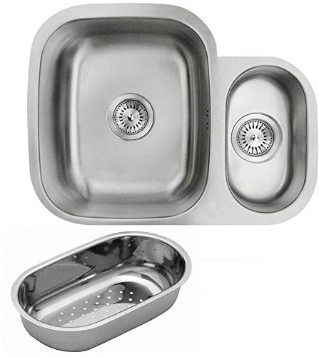Astini Renzo 1.5 Bowl Brushed Stainless Steel Undermount Kitchen, Sink Waste & Colander RHSB
