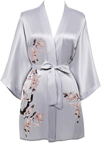 BABEYOND Satin Kimono Dressing Gown Short Floral Printed Kimono Robe Long Knee Length Kimono Dress Cover Up for Women Wedding Pyjamas Party (Gray)