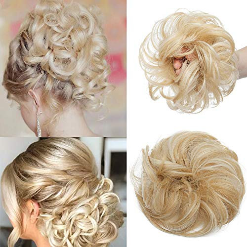 Silk-co Haarteil mit Gummiband, Dutt mit Haaren Gewellt Weich Dutt Haarteil mit Gummiband 35 g, Gelockt Haarverdickung Hair Extensions Messy Bun Hochsteckfrisuren Goldblond & Bleichblond