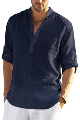 COOFANDY Men's Cotton Linen Henley Shirt Long Sleeve Hippie Casual Beach T Shirts, Navy Blue, Large