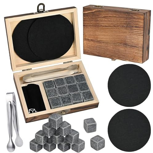 Whiskey Set,GOLDGE 16PCS Whisky Steine Geschenkset Whisky Steine mit Whisky Eiswürfel Whisky Gläsern Eisclip Untersetzer Whisky Stones Gift Set
