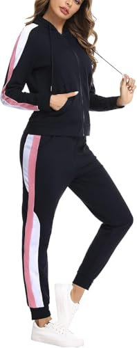 Litherday Jogginganzug Damen Lang Freizeitanzug Baumwolle Trainingsanzug Frauen Streifen Sportanzug Fitnessanzug mit Taschen, Marine, M