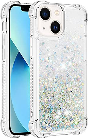 iPhone 13 Case Bling, Girly Shiny Glitter Sparkle Quicksand Floating Liquid Clear Transparent Soft TPU Silicone Protective Bumper ShockProof Phone Cover for iPhone 13, Silver