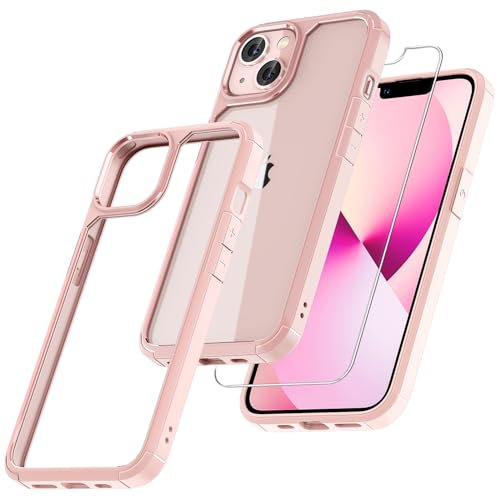 TAURI 3 in 1 Designed for iPhone 13 Case Pink, [Not-Yellowing] and 2X Tempered Glass Screen Protector, [Military-Grade Drop Tested] Shockproof Phone Case 13 6.1 inch