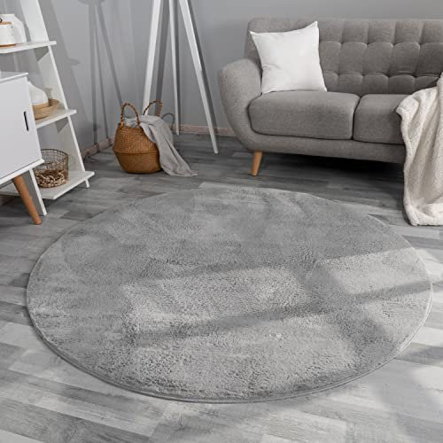 TT Home Wohnzimmer Teppich Hochflor Langflor Kunstfell Weich Modern Unifarben Flauschig, Farbe: Anthrazit, Größe:200 cm Rund