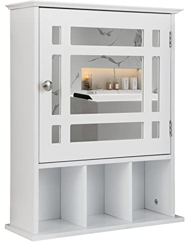 Multigot Bathroom Mirror Cabinet (White) | Wall Mounted Storage Cupboard with Adjustable Shelf and 3 Open Compartments, Wooden Single Door Display Organizer