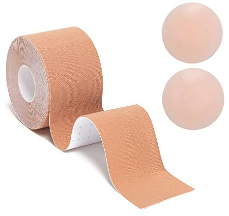 YOLMFOEV Klebe BH Push Up,Brust Tape Push Up 5 cm x 5 m Klebe BH große Brust Boobietape mit 2 Übergröße Wiederverwendbare Silikon Brüste Nippelpads Boob Tape (Farbe)