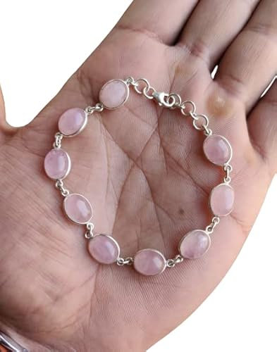 Bracciale con pietre preziose naturali Bracciale con pietre preziose fatte a mano in argento sterling 925 Gioielli da donna (Quarzo rosa)