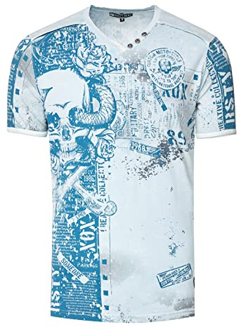 Herren T-Shirt All Over Skull X Snake X Rose Print Wildleder-Band Knopf-Verzierung V-Neck Stretch Streetwear Used-Look Shirt 293