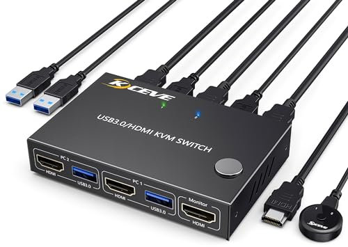 USB 3.0 Switch KVM HDMI 2 PC 1 Monitor, 4K@60Hz EDID Simulado, 2 Puertos Conmutadores KVM Compartir 4 USB 3.0 Dispositivos Inalámbricos Ratón Teclado Impresora Escáner, con 3 Cables y Wired Remote