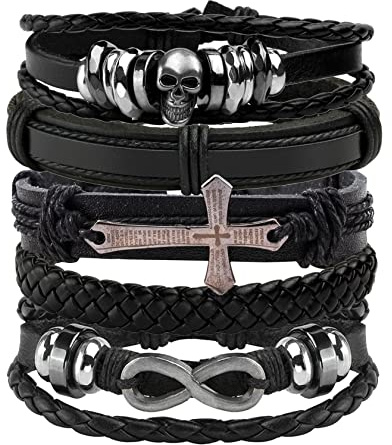 Eigso 6 Pcs Lederarmband Geflochtenes Breites PU Leder mit Schädel Stern Damen Herren Punk Schwarz