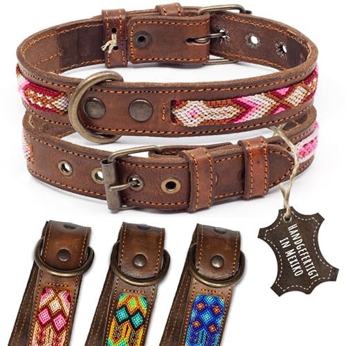 ALTEZAR Lederhalsband Hund - Doppelt Tribal Bestickt Rosa Weiß Pink Braun - Hochwertig verarbeitetes Hundehalsband Leder - Handgemacht in Mexiko - Größe S - Halsband Hund für kleine Hunde Leder breit