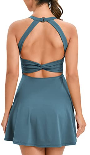 Rigolla Tenniskleid rückenfreies Cut Out Twisted Side Pocket 2-in-1 Barre Ballett-Tanzkleid mit integriertem BH & Shorts, Indigo/Mandala-Traum, X-Klein