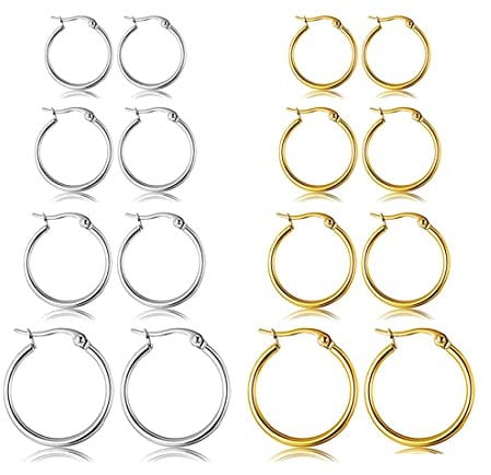 8 Paar Ohrringe Creolen Silber 925/18 Karat Gold Klein Damen Ohrringe Set Für Mehrere Ohrlöcher, Ohrring-Set für Damen, Herren, Mädchen, leicht, Clickverschluss, Edelstahl, hypoallergen, 10–25 mm