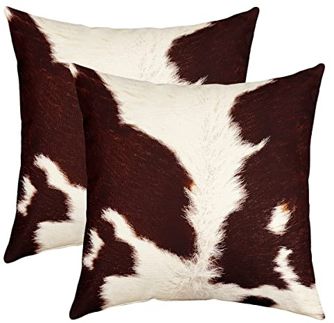 Kissenbezug aus Rindsleder, 45 x 45 cm, Rindsleder, Westernbauernhof, Wildtiere, Bauernhof, Tiere, Leder, Kissenhülle, wendbar, weiß, braun, 2 Stück