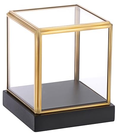 TOLIDA Vitrine aus Klarglas Quadratische Displaybox aus Goldfarbener Rahmen Schaukasten mit Schwarzem Kiefernholzsockel für Antiquitäten Statuen Spielzeug Sammlerstücke 10 * 10 * 12cm