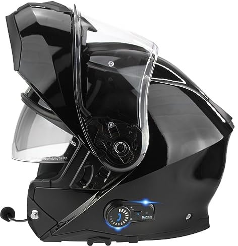 ViPER RSV191 Flip up Motorcycle Helmet with Blinc Bluetooth - Modular Double Visor Motorbike Helmets - Microphone Dual Speaker for Hands & Noise Free Automatic Answering ECE/ACU Gold Approved (Black,S
