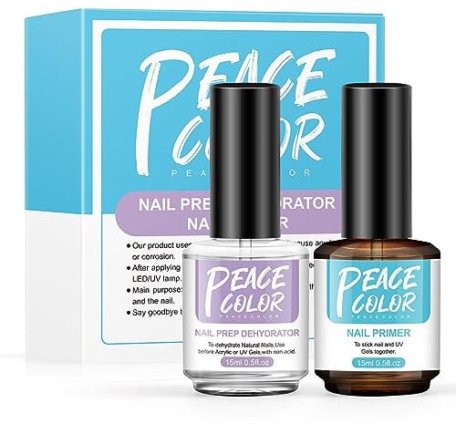 PEACECOLOR Nail Dehydrator and Primer Set,2PCS 15ML Professional Fast Air Dry Nail Prep Dehydrate & Nail Bond Primer Set, Acid Free Natural Kit for Gel Nails and Acrylic Powder Nail Supplies 0.5 floz