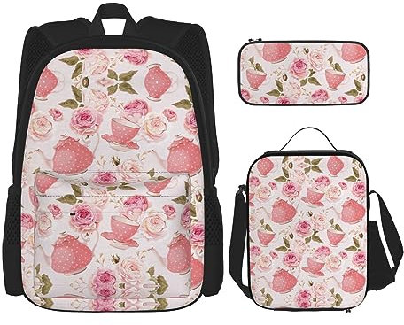 KoNsev Set di 3 zaini con stampa, da viaggio, escursionismo, leggero, per laptop, matite, borsa termica per il pranzo, borsa per il pranzo da donna, motivo giraffa rosa, Teiera rosa., Taglia unica