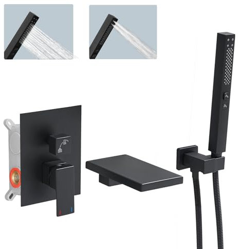 Hoimpro Wasserfall-Badewannenarmaturen mit Messing-2-in-1-Handsprüher, Edelstahl, mattschwarz, Wandmontage, Badewannenarmatur-Set, Badezimmer-Duscharmatur-Befestigung, Kombination mit CUPC-Leitungen