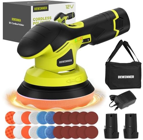 DEWINNER Polisseuse Voiture Professionnelle, Machine à Polir Variable à 6 Vitesses, 2*2A Batterie, 26 accessoires de polissage Rotative 5000rpm, Pour Le Polissage, Cirage, Ponçage