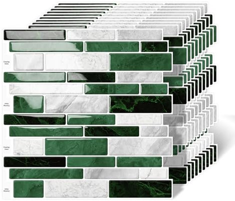 MOONFUN 10 Sheet Peel and Stick Backsplash Tiles, 12 X 12 Inch Green Marble Self Adhesive Tile Sticker for Backsplash Kitchen,Bathroom