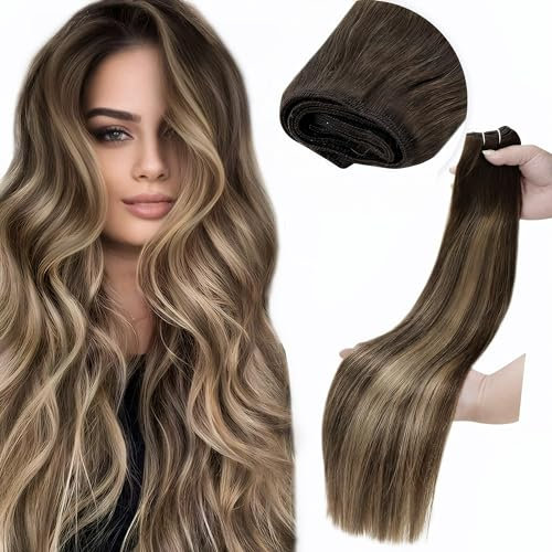 LaaVoo Tressen Extensions Echthaar Braun Balayage Echthaar Tressen Zum Einnähen 100g Weft Extensions Echthaar 50cm Haarverlängerung Echthaar Ombre Dunkelbraun Karamellblond #4/27/4