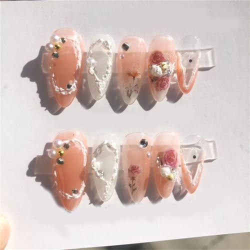 CRAZYNEKOS Almond Short Handmade Nails Pearl Rose Relief Press on Nails French Tips Nail Art Decoration for Women and Girls Manicure 10pcs (B201-S)