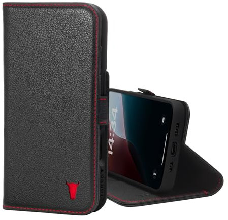 TORRO Leather Case Compatible with iPhone 16 – Premium Leather Wallet Case with Kickstand and Card Slots (Compatible with Official MagSafe Chargers) - Black with Red