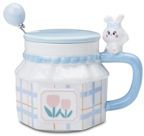 ZONSUSE Taza Divertida Conejo,Taza Cafe Conejo,Taza Hexagonal Creativa,con Estampado de Tulipanes,Taza de Conejo,con Tapa y Cuchara,Taza de Regalo Original para Hombres Mujeres 350 ml (Conejito Azul)