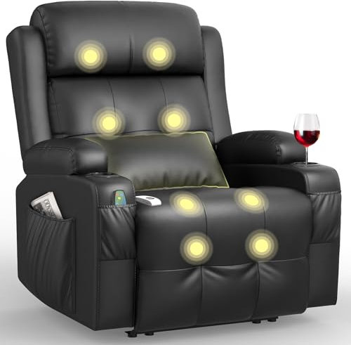 BareTay Recliner Armchair Electric Recliner Chair with Massage & Heat, Extended Footrest,Reclining Chair Lounge Sofa with Extra Pillow, Type C+USB Dual Drink Holders, 4 Side Pockets Padded Recliners