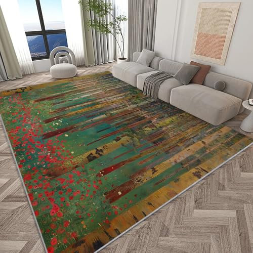 Generisch Waschbarer Teppich Wohnzimmer Klimt Ölgemälde Wald Bäume Blumen 160x230 cm Modern Teppich rutschfest, Kurzflor Weich Teppich für Schlafzimmer Esszimmer Büro Flur Kinderzimmer und Küche