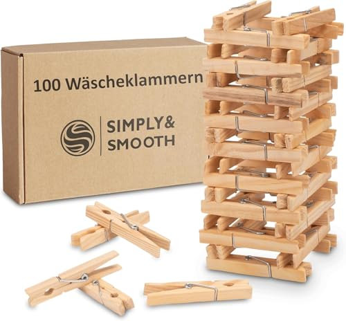 SimplySmooth 100 Wäscheklammern aus Bambus - Klammern für Ihren Wäscheständer - Bambusklammern für Ihre Wäsche - Kluppen, Wäscheclips als Ersatzklammern
