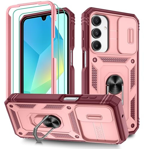 Pilaru 3 in 1 for Samsung A16 case with 2 Screen Protector & Kickstand Ring & Camera Cover Military Grade Drop Shockproof Protection [360 Full Body] Case for Samsung Galaxy A16,Pink/Red