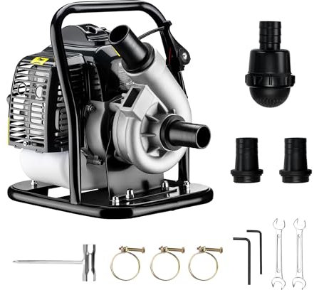 Wiltec Pompa per acqua a benzina, motore a 2 tempi, 1,4 kW, pompa per giardino con portata 400 l/min, profondità di aspirazione max 8 m, per cantine, cantieri, scavi