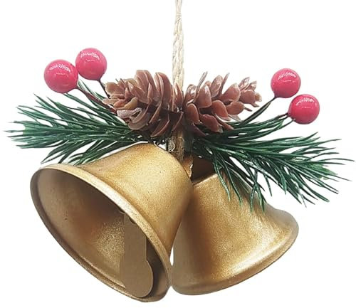 Weihnachtsglocke - Schöne Weihnachtsglocke zum Aufhängen mit künstlicher Fichte und roten Beeren, Weihnachtsglocke Schlittenglocke Weihnachtsdekoration, Hängedekoration für Weihnachtsbaum, Klein