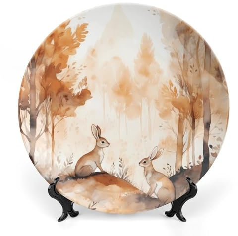QWJKM Hase in The Woods Dekoteller aus Knochenporzellan, 17,8 cm, bedrucktes Muster, Keramikteller mit vertikalem Ständer, rund, Porzellan, elegante Kunsthandwerk für Damen und Herren, Geschenke