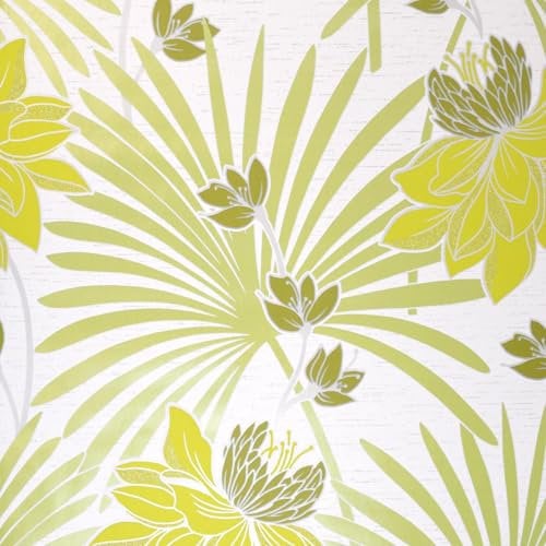Tropicana Green White Wallpaper - Botanical Leaves Flowers Floral - Glitter Effect Stylish Textured Luxury Vinyl