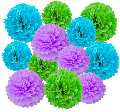 Ainmto 12 Stück Seidenpapier Pompons blau grün und lila,Party Pompons Deko für Geburtstag, Hochzeit