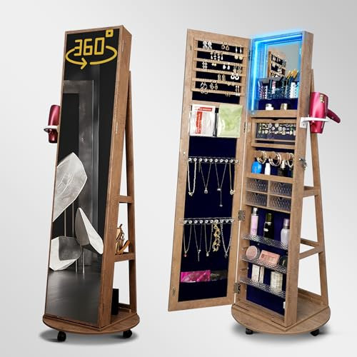 SBAGNO Brown Jewellery Cabinet with Mirror, Lockable, Full Lenth Mirror with Storage and LED, Large Storage Space, 360°Rotatable, 3 Shelves, Black Velvet Lining